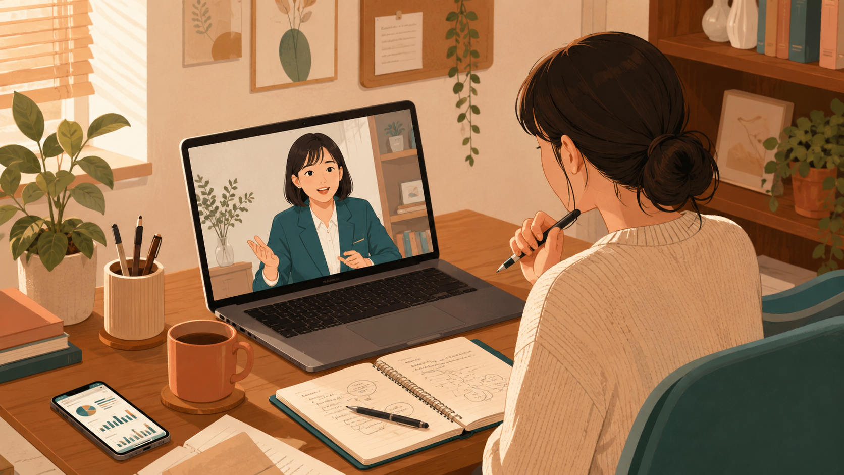 SNS副業を目指す人がオンラインで講師から1対1のフィードバックを受けているイメージ。パソコン画面越しに指導を受ける場面